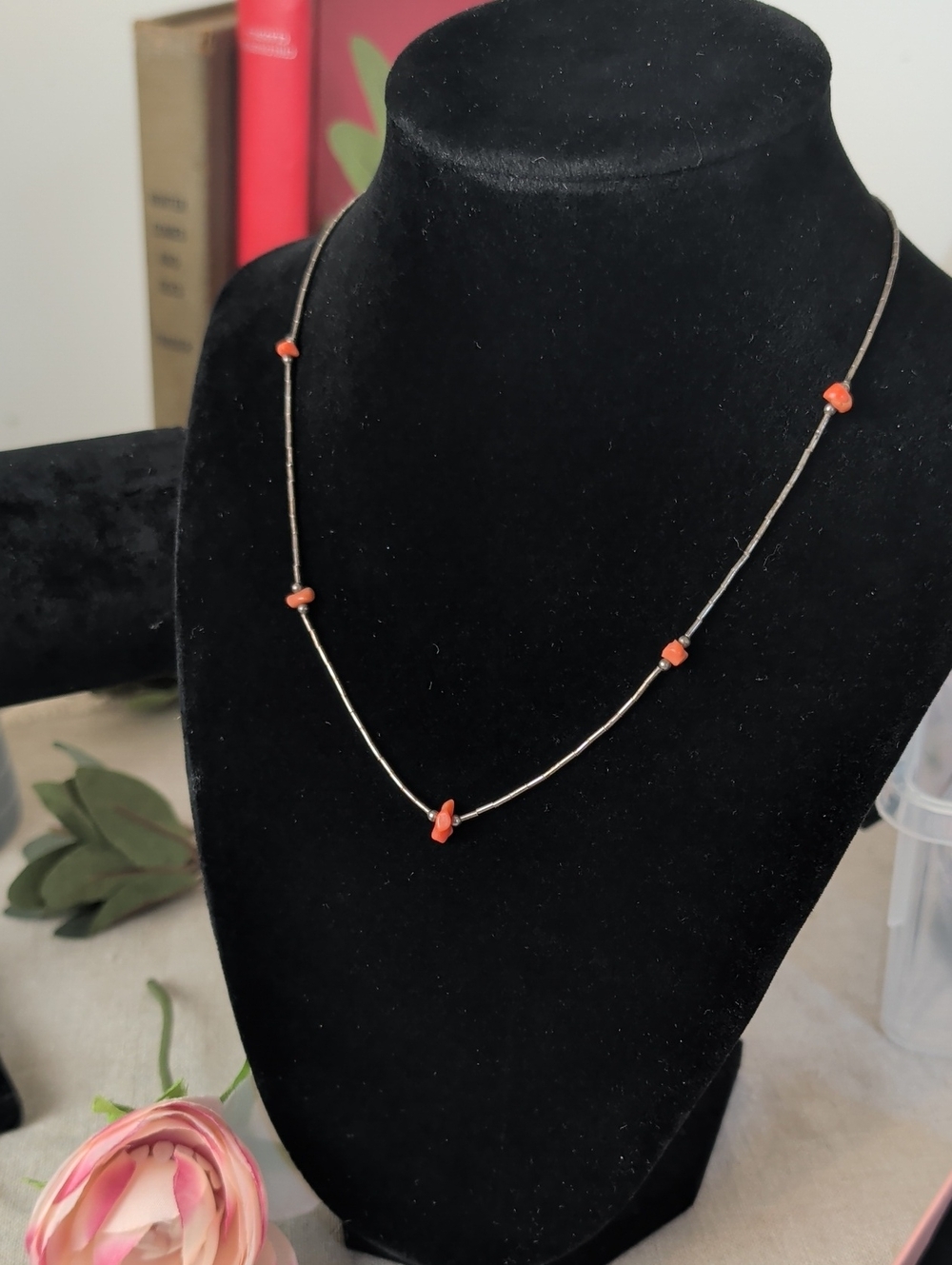 Vintage Sterling Silver Liquid Silver Necklace Coral Stations Southwestern Boho